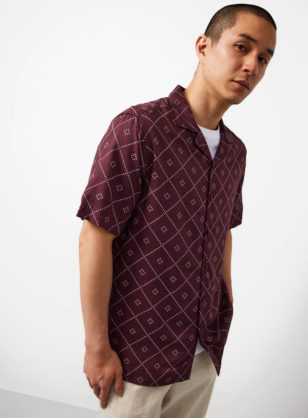 Dark Red Geo Print Slub Revere Neck Shirt M - Image 2